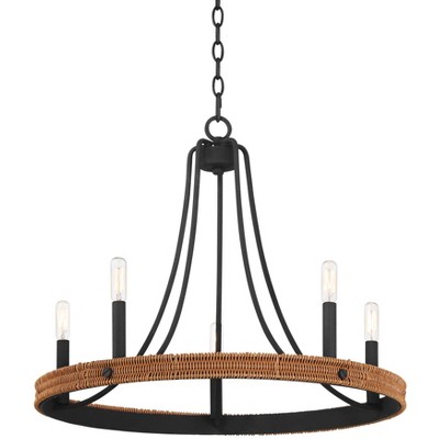 Franklin Iron Works Navarro Black Wagon Wheel Chandelier 24 1/2" Wide Farmhouse Rustic Wood Ring 5-Light Fixture for Dining Room