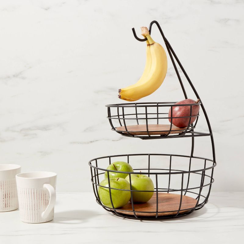 Iron and Mangowood Wire 2-Tier Fruit Basket with Banana Hanger Black - Threshold&#8482;, 3 of 8