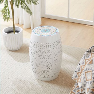 CAVINAS Boho Mosaic Ceramic Tile Patio Side Table, Roman Pattern Iron Frame – Indoor/Outdoor End Table, Outdoor Accent Table