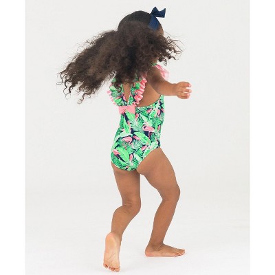 RuffleButts Toddler Girls V-Back One Piece - Flamingo Frenzy, Size: 4T — фото 3