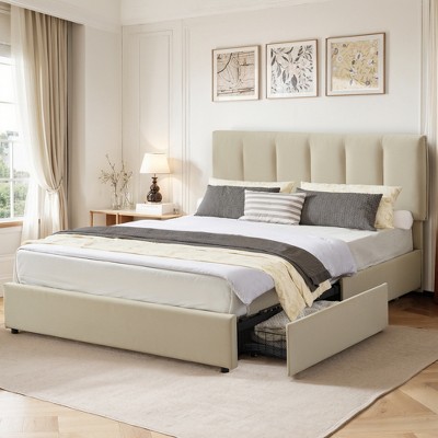 VECELO Upholstered Bed Frame with 1/4 Drawers and Adjustable Headboard, Twin/Full/Queen/King Platform Bed