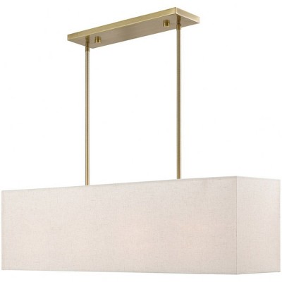 Antique Brass Linear Chandelier with Oatmeal Fabric Shade