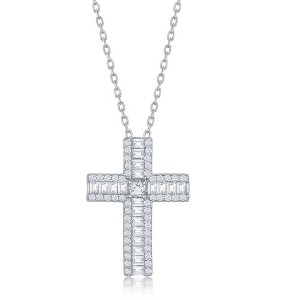 Bella Silver Sterling Silver Baguette CZ Cross Necklace - Silver - 16+2 Inch - 1 of 2
