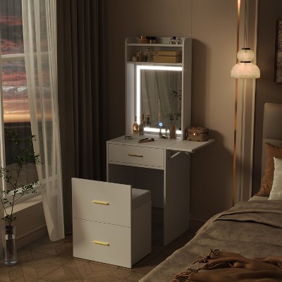 NicBex Flip-Top Vanity Desk with LED Mirror & Vertical Storage, Space-Saving Makeup Table, 2 Drawers & Memory Foam Stool for Dorm/Bedroom