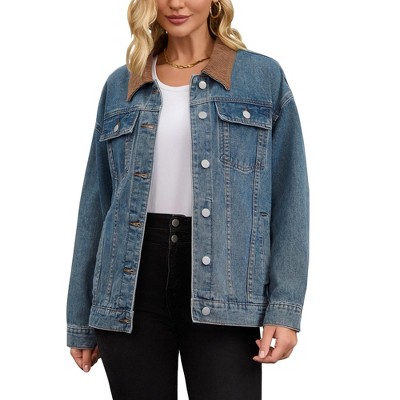 INSPIRE CHIC Women's Denim Corduroy Collar Long Sleeves Button Down Western Shacket Jean Jackets