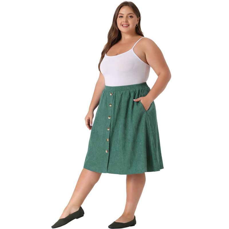 Agnes Orinda Women's Plus Size Elastic High Waist Button Front Pockets Midi Corduroy A Line Skirts, 3 of 5