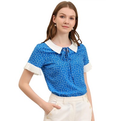Allegra K Women's Contrast Doll Collar Polka Dots Short Sleeves Blouse