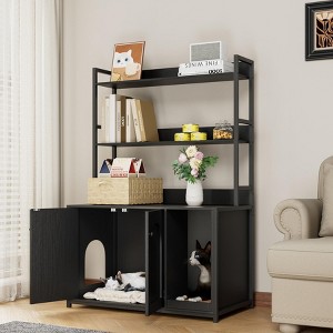 Litter Box Cabinet - 52" Bookshelf Enclosure with Doors, Shelves & Scratch Pad, Black - 1 of 4