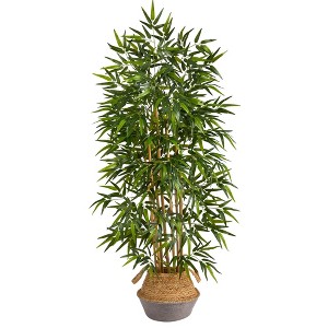 Nearly Natural 64-in Bamboo Artificial Tree Natural Bamboo Trunks in Boho Chic Handmade Cotton & Jute Gray Woven Planter - 1 of 4