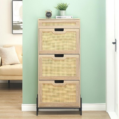 Natural Rattan Shoe Cabinet with 3 Flip Doors and 1 Drawer, Freestanding Shoe Organizer for Entryway, Hallway