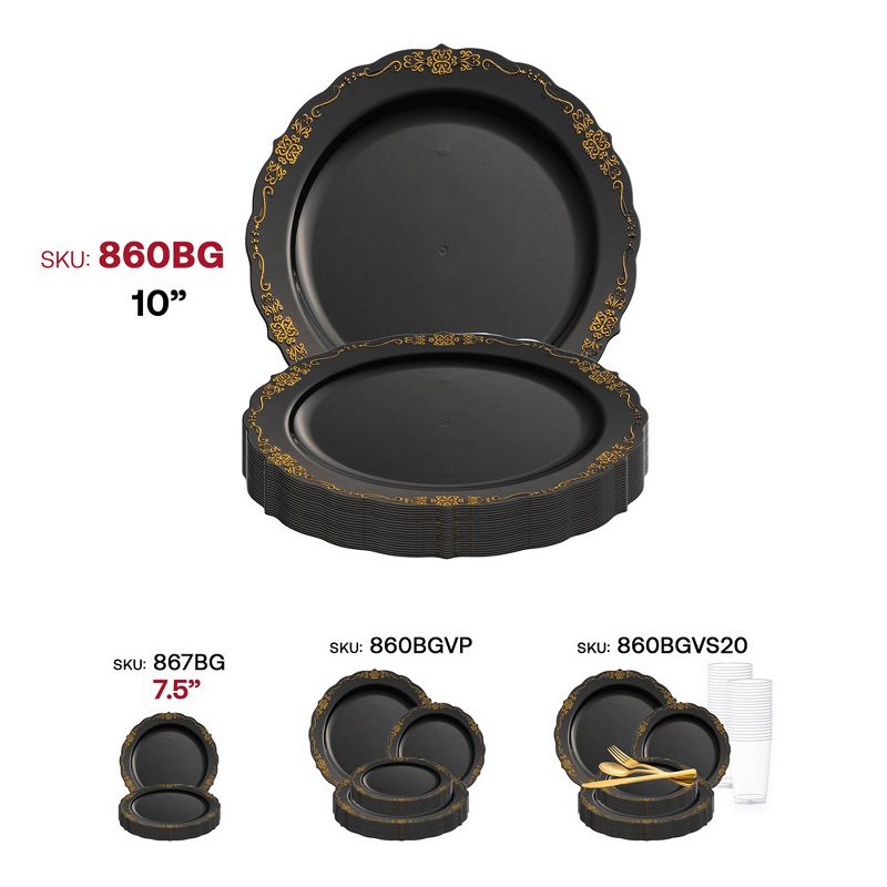 Smarty Had A Party 10" Black with Gold Vintage Rim Round Disposable Plastic Dinner Plates (120 Plates), 5 of 7