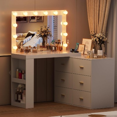 PAKASEPT Makeup Vanity Desk with Mirror and 3-Color Lights,Vanity Dressing Table with Drawers,Charging Station,Side 2 Storage Shelves