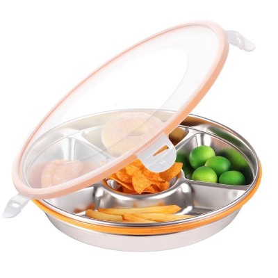 LunaLulinlk 1-piece divided insulated food tray, 5-grid stainless steel round tray with lid, shallow seal insulation, portable leak-proof tray