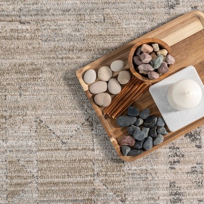 Aine Beige Geometric Washable Synthetic Square Area Rug