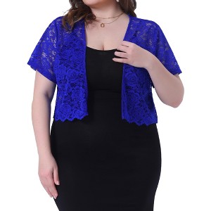 Agnes Orinda Women's Plus Size Short Sleeve Open Front Crochet Lace Allover Cropped Cardigan - 1 of 4
