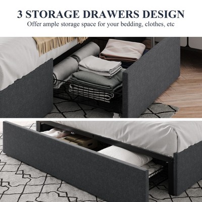 Dark Gray Full Upholstered Platform Bed with Storage Drawers