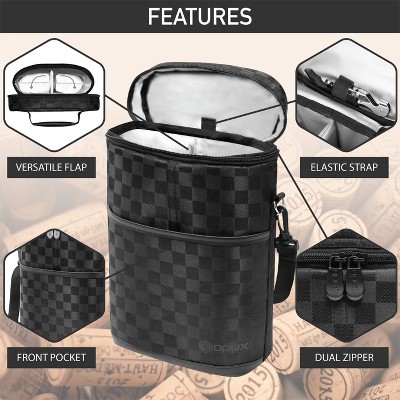 Checkered Black Insulated 2 Bottle Wine Carrier Tote