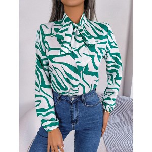 Women's Color Block Striped Tie Waist Puff Sleeve Chiffon Blouse Fall Winter Elegant Top - 1 of 4