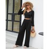 Women Co-ords 2 Piece Sets Fashion Textured Lounge Sets Long Sleeve V Neck Crop Top Wide Leg Palazzo Pants Casual Trousers Sets - 4 of 4