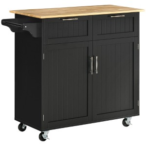 HOMCOM 41" Modern Rolling Kitchen Island on Wheels, Utility Cart Storage Trolley with Rubberwood Top & Drawers - 1 of 4