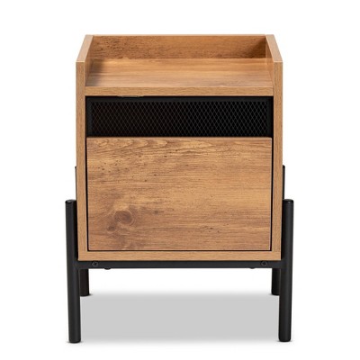 Tasman Natural Brown Wood and Black Metal End Table with Storage