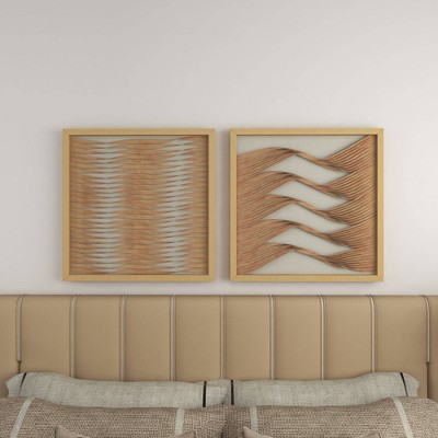 Large Brown Wood and Rattan Shadow Box Wall Art Set