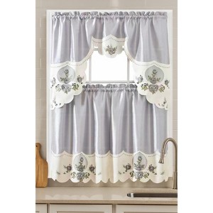 Home Mart Goods Grey Ivory Floral Embroidery Kitchen Curtain 3PC Set Swag & Tiers Set - 1 of 4