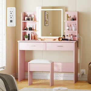 Vanity Desk with Mirror and Lights, Makeup Vanity Set w/Desk and Stool, Power Outlet, Vanity Table w/6 Storage Shelves - 1 of 4