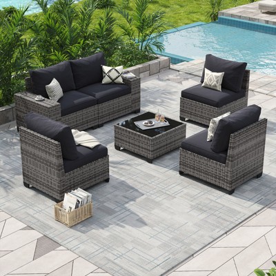 Aoxun 6-Piece Patio Furniture Set with Thick Cushions, Wide Armrests, Modular Wicker Sectional & Waterproof Cover for Backyard, Garden, Deck