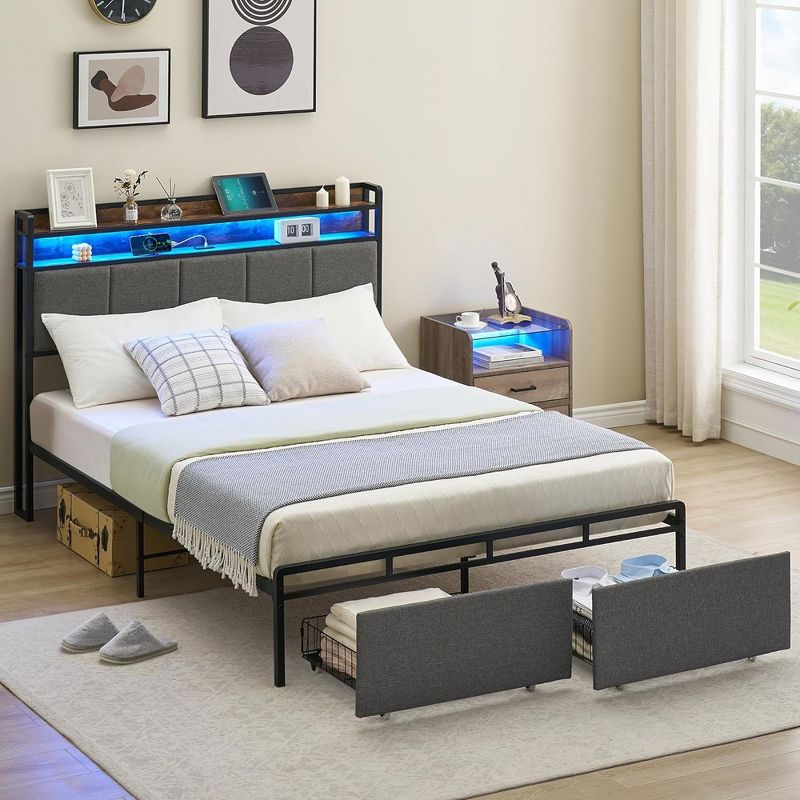 Whizmax Three Size Bed Frame with Headboard and Storage Drawers, Upholstered Platform Bed Frame with Charging Station and LED Lights, Gray, 2 of 8