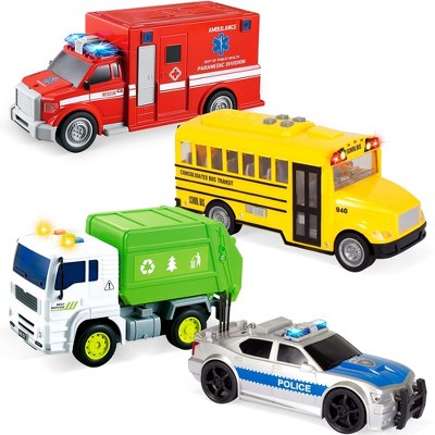 SYNCFUN 4Pcs 7" Vehicle Toy Set, Toddlers Cars with Lights and Siren Sound, Toy Garbage Truck, Ambulance Toy, Birthday Party Gifts Toys for Boys 3-5