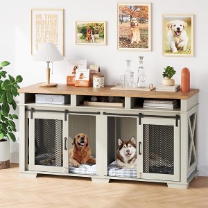 Double Dog Crate Furniture (71") – For 2 Dogs, 3 Storage Drawers, Removable Divider & Sliding Barn Door, Converts To TV Stand - 1 of 4