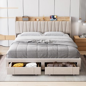 Bed Frame with Headboard, Wooden Full Bed Frame with Storage Headboard and Charging Station, Metal Platform BedFrame - 1 of 4