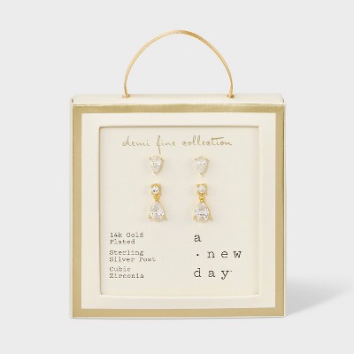 14k Gold Plated Cubic Zirconia Teardrop and Dangle Stud Earring Set 2pc - A New Day™ Gold