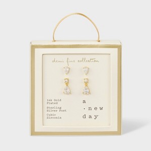 14k Gold Plated Cubic Zirconia Teardrop and Dangle Stud Earring Set 2pc - A New Day™ Gold - 1 of 2