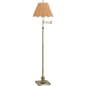 360 Lighting Westbury Natural Cottage 70" Tall Standing Floor Lamp Skinny Swing Arm Adjustable Gold Antique Brass Finish Scalloped Rattan Beige Shade - 1 of 4