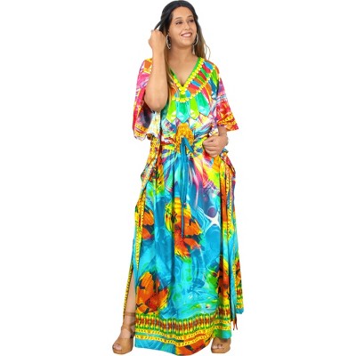 LA LEELA Women's House Daily Routine Evening Wear Maxi Dresses Caftan Loungewear Casual Long Cover up Caftans for Women Plus One Size Multi,Abstract