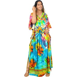 LA LEELA Women's House Daily Routine Evening Wear Maxi Dresses Caftan Loungewear Casual Long Cover up Caftans for Women Plus One Size Multi,Abstract - 1 of 4