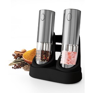 SUGIFT Electric Salt and Pepper Grinder Set Rechargeable Stainless Steel Mills with LED Light Adjustable Coarseness Type C Charging Base 95ml Capacity - 1 of 4