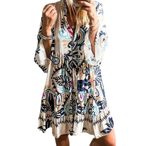 Coolmee Womens Boho Mini Dresses Long Sleeve Casual V Neck Loose Fit Print Button Flowy Ruffle Tiered Short Dress L White - 1 of 4