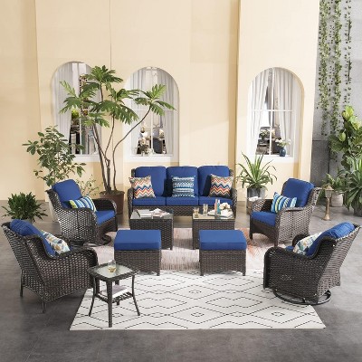 XIZZI Wicker Patio Furniture Set with 3-Seat Sofa, Swivel Rocking Armchairs & Ottomans & Side Table, Modular Sectional Outdoor Conversation Sofa Set