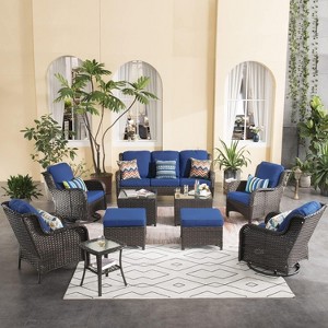 XIZZI Wicker Patio Furniture Set with 3-Seat Sofa, Swivel Rocking Armchairs & Ottomans & Side Table, Modular Sectional Outdoor Conversation Sofa Set - 1 of 4