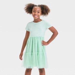 Girls' Short Sleeve Knit Tulle Tiered Dress - Cat & Jack™ - 1 of 3