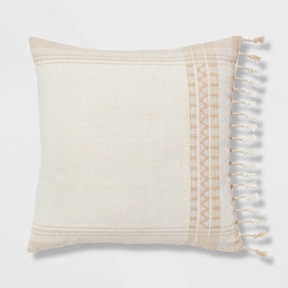 Photos - Pillow Square Woven Pattern Tassel Decorative Throw  Natural - Threshold™: Cotton & Wool Blend, Indoor Knife Edge 