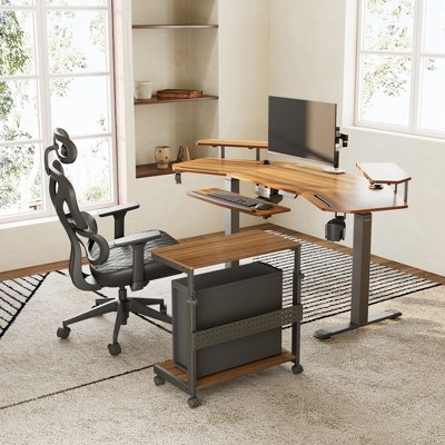 Walnut and Black Height Adjustable Mobile CPU Cart with Mouse Pad