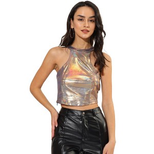 Allegra K Women's Holographic Party Sparkle Halter Neck Stretch Crop Tank Top - 1 of 4