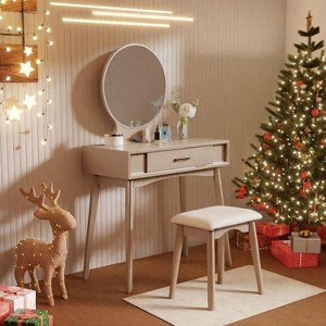 ORRD Modern Vanity Table with Stool & Mirror Set, Gold Finish Contemporary Makeup Desk - Solid Wood & MDF, Complete Dressing Table - 1 of 4