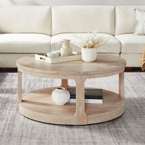Round Coffee Table with Wheels, Cocktail Table Center Table Accent Table, Rustic Farmhouse Vintage, Brown/Oak - ModernLuxe - 1 of 4
