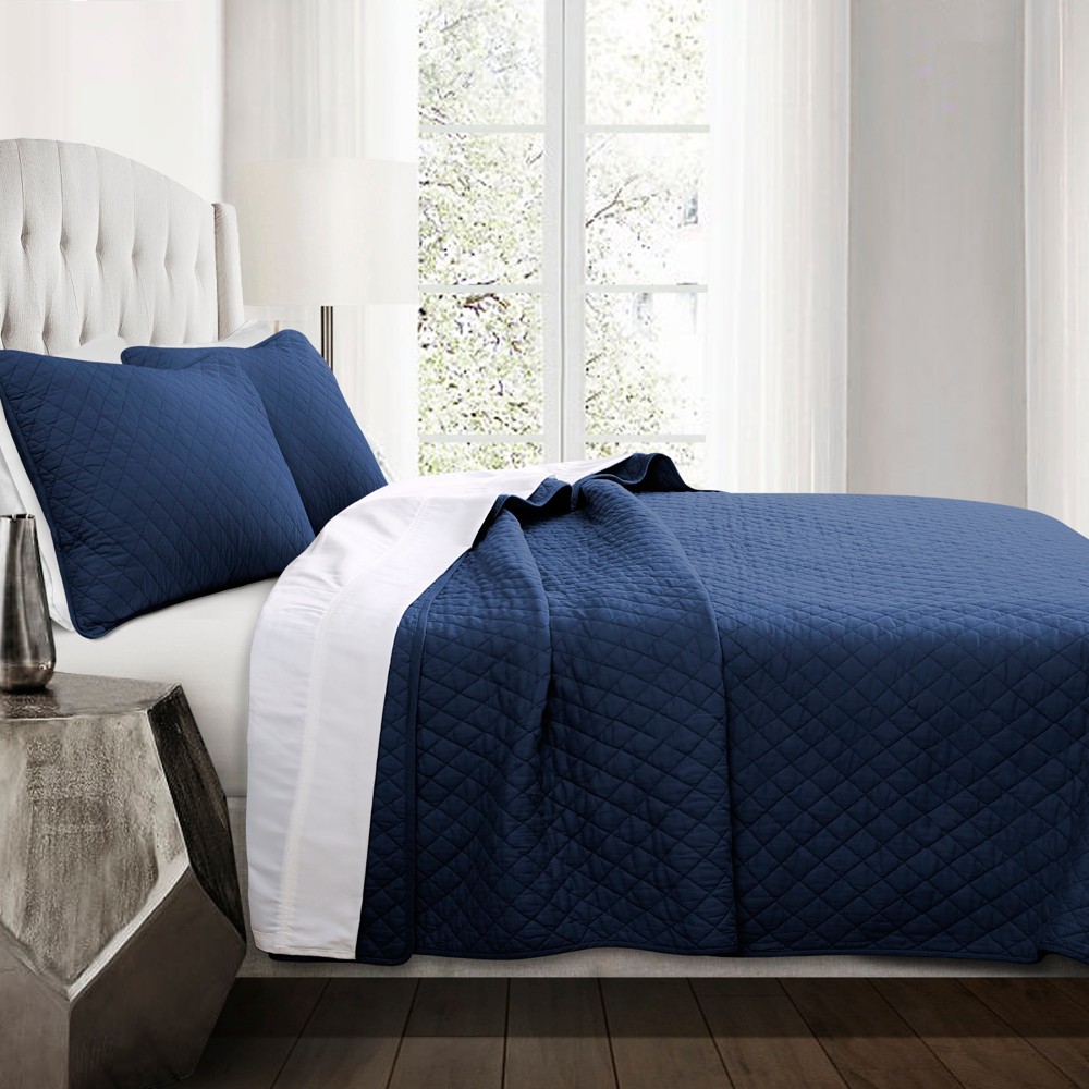 Photos - Duvet 3pc Full/Queen Ava Diamond Oversized Cotton Quilt Set Navy Blue - Lush Déc