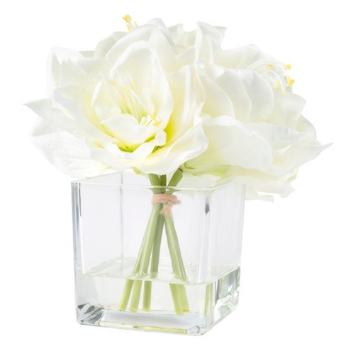 Rose and Hydrangea Faux Flower Arrangement With Clear Glass Vase and Fake  Water